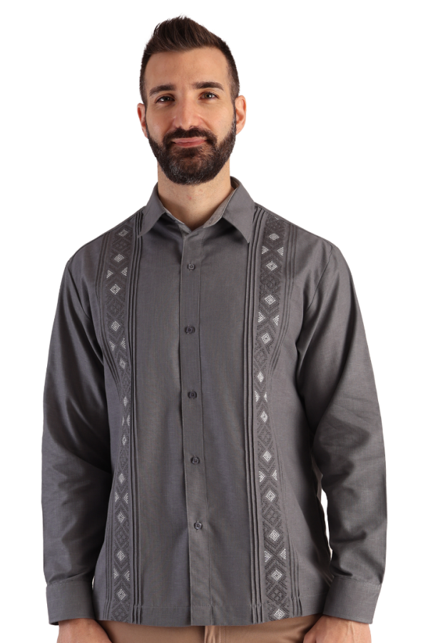 Camisa Guayabera Color Gris Alforzada Manga Larga Bordado Para Caballero